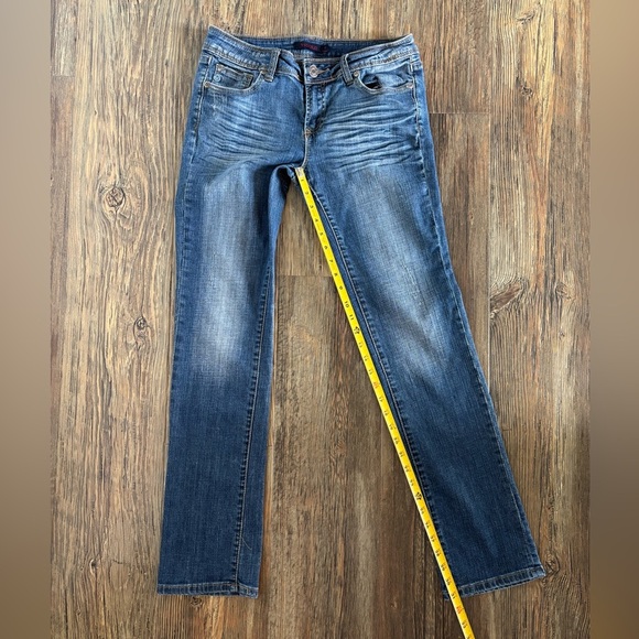 Vigold Straight Jeans Womens Juniors 7 Dark Wash Blue Denim Whiskers Embroidered - Picture 4 of 12